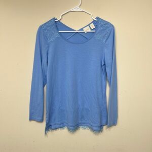 Chico's Women's Long Sleeve Lillian Lace Fringe Hem Tunic Top Blue Size 0 Small